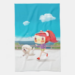 Running with Dog by the Sea Tea Towel