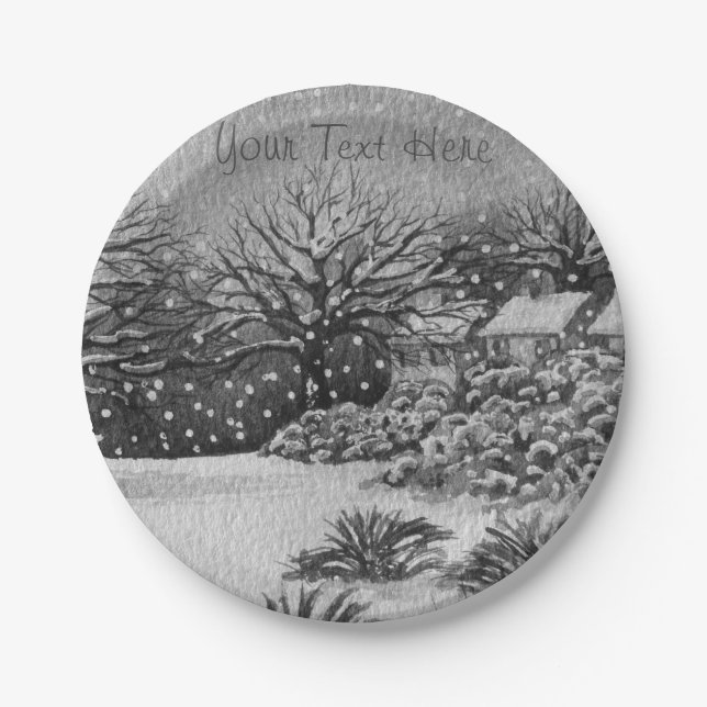  rural cottages snow scene christmas monochrome paper plate (Front)