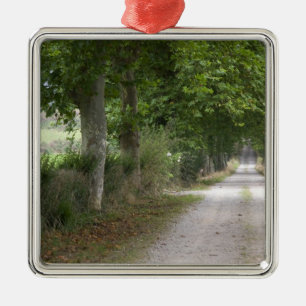 Rural dirt country road near the town of metal tree decoration
