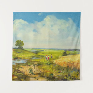 rural landscape with figures of people near a whea tapestry