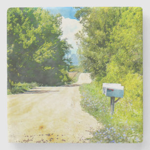 Rural mailbox with wildflowers stone coaster