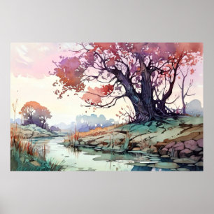 Rural River Watercolor Poster