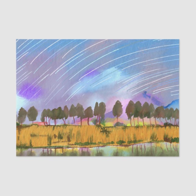 Rural scene with star trails landscape watercolor  tissue paper (Front)