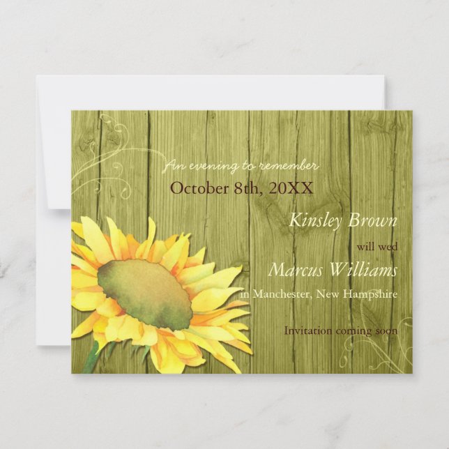 Rural Sunflower Olive Green Wedding Save the Date (Front)