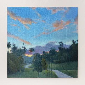 Rural Sunset Country Road Landscape Painting Jigsaw Puzzle