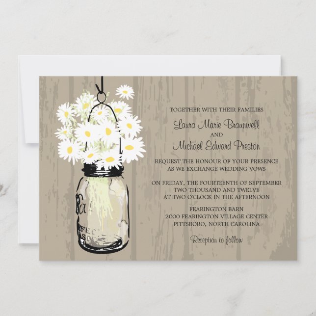 Rusic Brown Mason Jar Wild White Daisies Invitation (Front)
