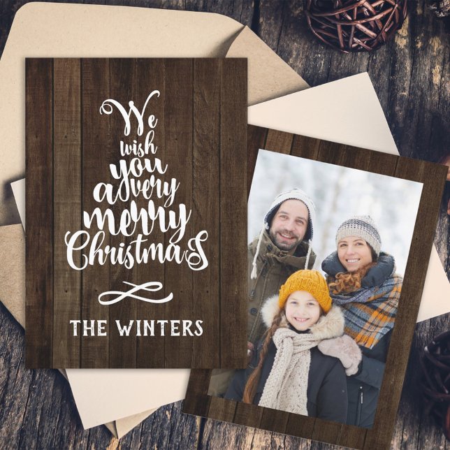 Rusitc Wood Christmas Tree Lettering Photo  Holiday Card (Creator Uploaded)