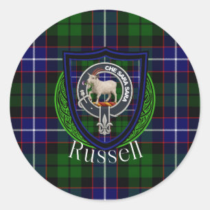Russell Scottish Clan Tartan & Crest Classic Round Sticker