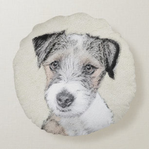 Russell Terrier Rough Painting - Original Dog Art Round Cushion