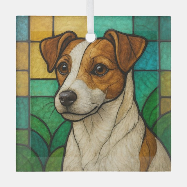 Russell Terrier "Stained Glass"  Glass Tree Decoration (Front)