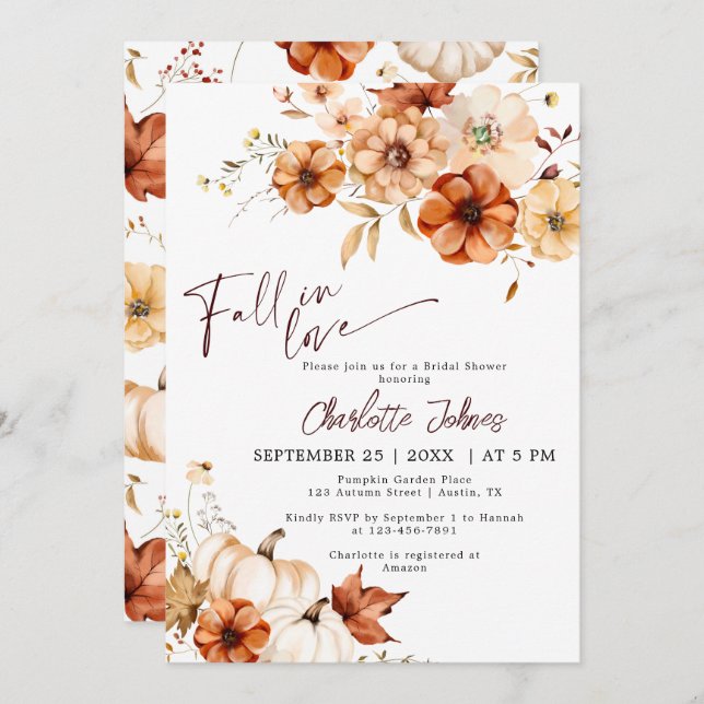 Russet Fall In Love Burgundy Pumpkin Bridal Shower Invitation (Front/Back)