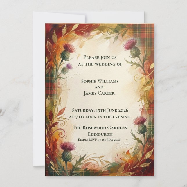 Russet Tartan Thistle Wedding Invitation (Front)