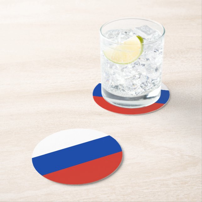 Russia flag round paper coaster (Insitu)