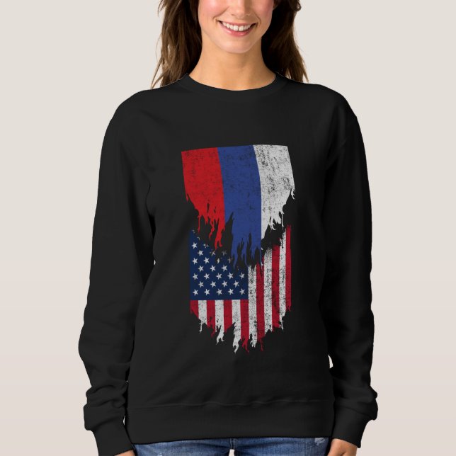 Russian American Flags Ripped Torn Russia Sweatshirt (Front)
