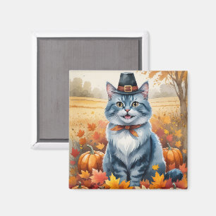 Russian Blue Cat Autumn Leaves Thanksgiving Art Magnet