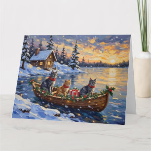Russian Blue Cat Christmas Boat Holiday Card