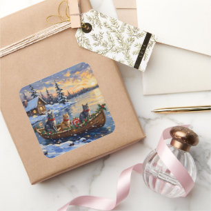 Russian Blue Cat Christmas Boat Holiday Square Sticker