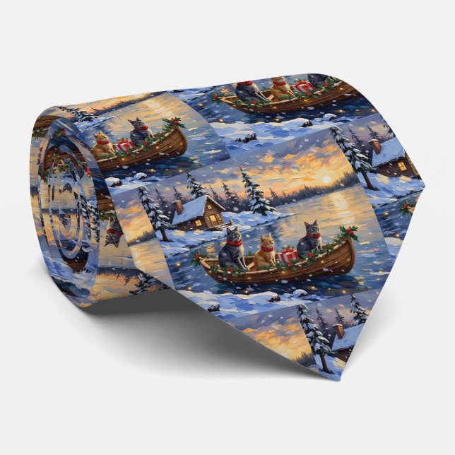 Russian Blue Cat Christmas Boat Holiday Tie (Rolled)