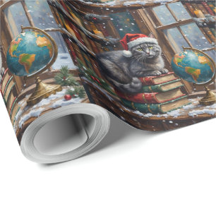 Russian Blue Cat Christmas Library Reading Nook Wrapping Paper