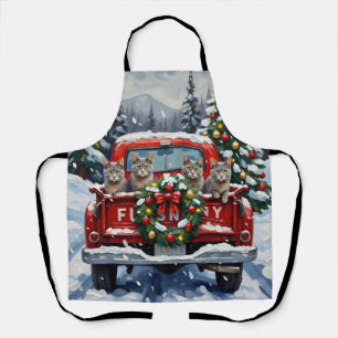 Russian Blue Cat Christmas Red Truck Holiday Apron