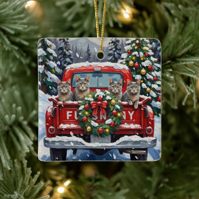 Russian Blue Cat Christmas Red Truck Holiday Ceramic Ornament (Tree)