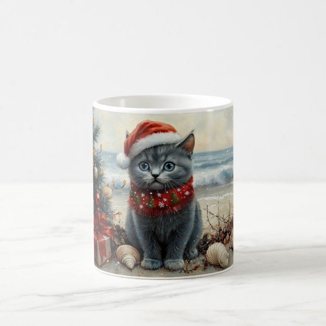 Russian Blue Cat Christmas Vintage Beach  Coffee Mug (Center)