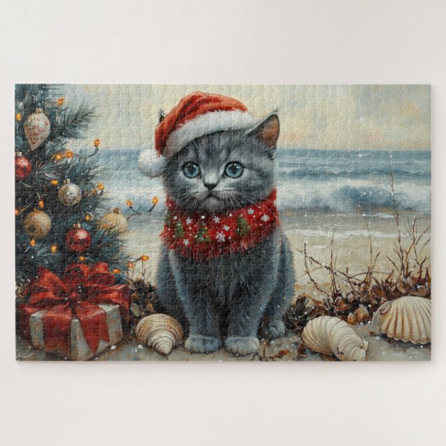 Russian Blue Cat Christmas Vintage Beach  Jigsaw Puzzle (Horizontal)