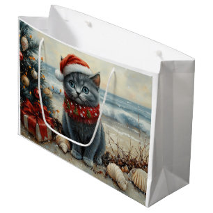 Russian Blue Cat Christmas Vintage Beach Large Gift Bag