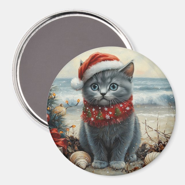 Russian Blue Cat Christmas Vintage Beach  Magnet (Front/Back)