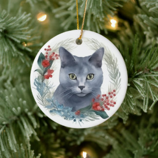 Russian Blue Cat Christmas Wreath Festive Kitten Ceramic Tree Decoration