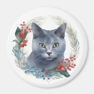 Russian Blue Cat Christmas Wreath Festive Kitten Magnet