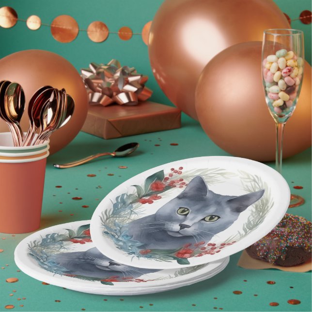 Russian Blue Cat Christmas Wreath Festive Kitten Paper Plate (Multi)