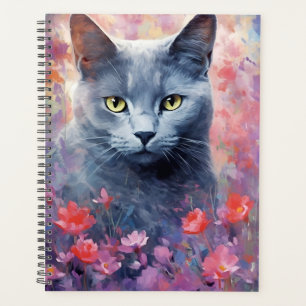 Russian Blue cat colourful watercolor artwork Planner