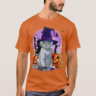 Russian Blue Cat Cute Halloween Witch Pumpkin Prem T-Shirt