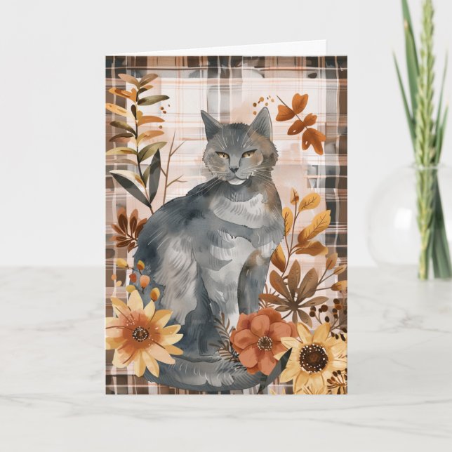 Russian Blue Cat Fall Thanksgiving Card (Front)