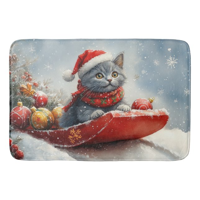 Russian Blue Cat in Sledge Let it Snow Christmas Bath Mat (Front)