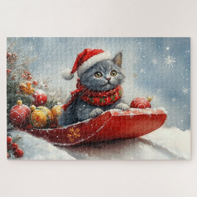 Russian Blue Cat in Sledge Let it Snow Christmas Jigsaw Puzzle (Horizontal)