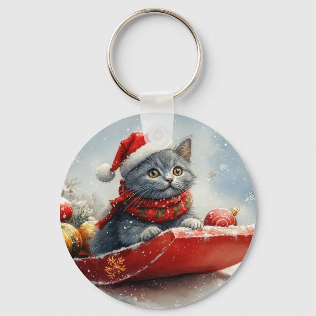 Russian Blue Cat in Sledge Let it Snow Christmas Key Ring (Front)