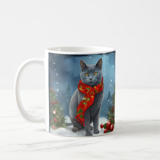 Russian Blue Cat in Snow Christmas Coffee Mug (Left)