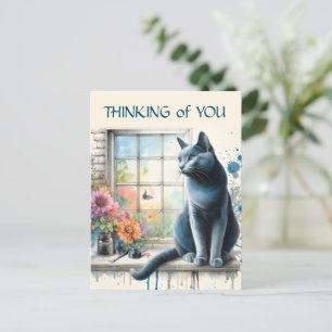 Russian Blue Cat in Window with Summer Flowers  Postcard