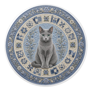 Russian Blue Cat Quilt Ceramic Knob
