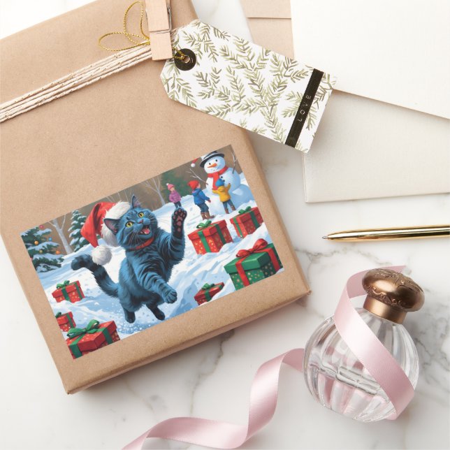 Russian Blue Cat Running Snow with Christmas Hat Rectangular Sticker (Gifting)