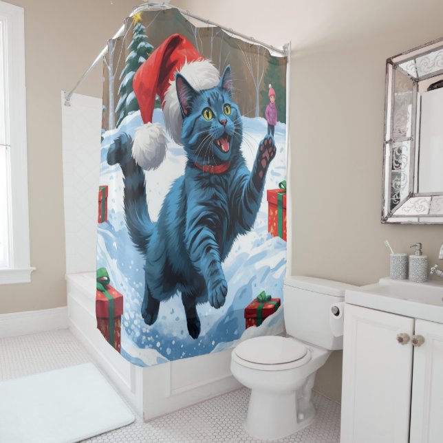 Russian Blue Cat Running Snow with Christmas Hat Shower Curtain (In Situ)