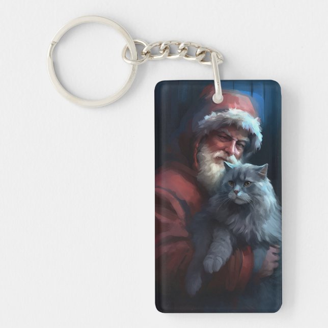 Russian Blue Cat Santa Claus Festive Christmas Key Ring (Front)