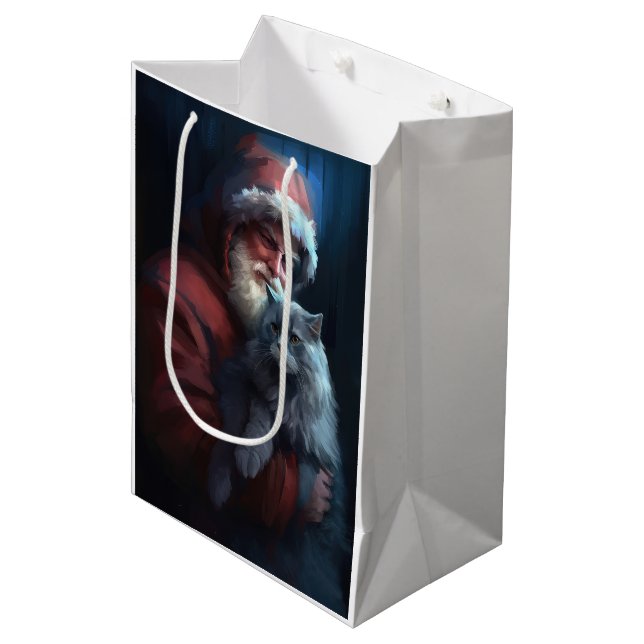Russian Blue Cat Santa Claus Festive Christmas Medium Gift Bag (Front Angled)