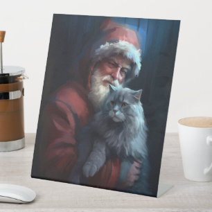 Russian Blue Cat Santa Claus Festive Christmas Pedestal Sign