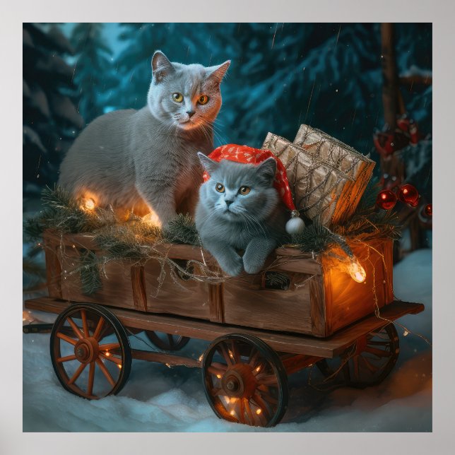 Russian Blue Cat Snowy Sleigh Christmas Decor (Front)