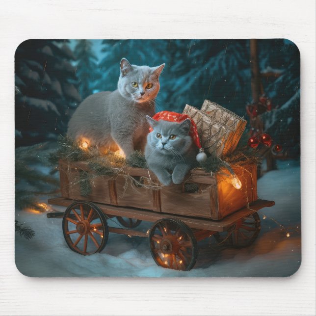 Russian Blue Cat Snowy Sleigh Christmas Decor Mouse Pad (Front)