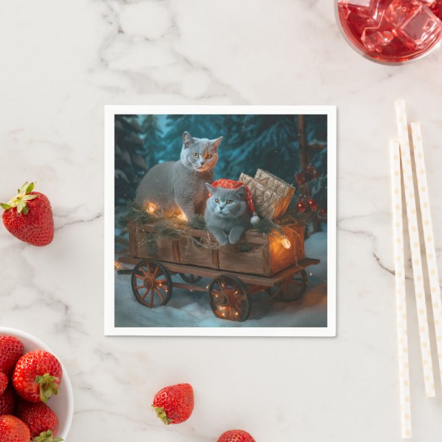 Russian Blue Cat Snowy Sleigh Christmas Decor Napkin (Insitu)
