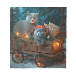 Russian Blue Cat Snowy Sleigh Christmas Decor Notepad